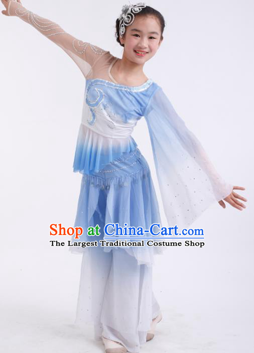 Traditional Chinese Folk Dance Fan Dance Blue Veil Clothing Yangko Dance Stage Show Costume for Kids