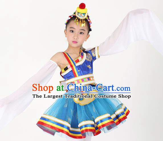 Traditional Chinese Child Zang Nationality Blue Short Dress Ethnic Minority Folk Dance Costume for Kids