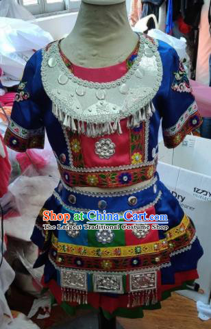 Traditional Chinese Child Miao Nationality Royalblue Short Skirt Ethnic Minority Folk Dance Costume for Kids