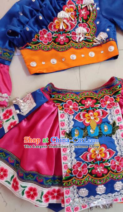 Traditional Chinese Child Yi Nationality Royalblue Short Skirt Ethnic Minority Folk Dance Costume for Kids