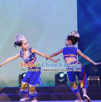 Traditional Chinese Child Yi Nationality Blue Dress Ethnic Minority Folk Dance Costume for Kids