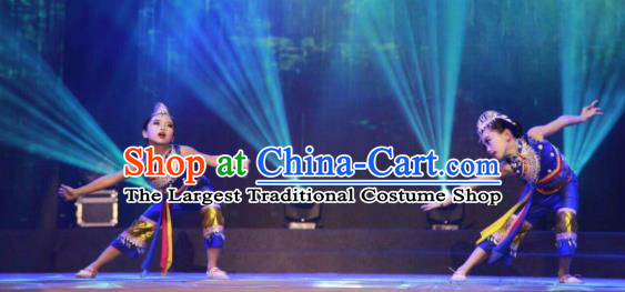 Traditional Chinese Child Yi Nationality Blue Dress Ethnic Minority Folk Dance Costume for Kids