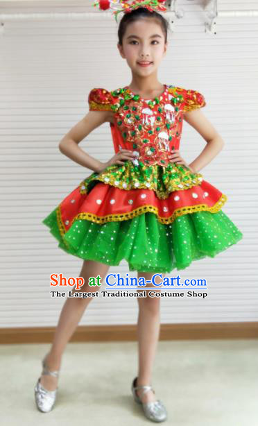 Traditional Chinese Children Opening Dance Green Short Dress Stage Show Costume for Kids