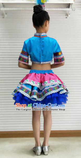 Traditional Chinese Child Yi Nationality Blue Skirt Ethnic Minority Folk Dance Costume for Kids