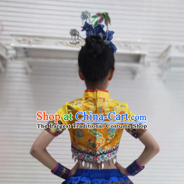 Traditional Chinese Tujia Nationality Child Yellow Dress Ethnic Minority Folk Dance Costume for Kids