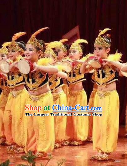 Traditional Chinese Xinjiang Uyghur Nationality Child Yellow Dress Ethnic Minority Folk Dance Costume for Kids