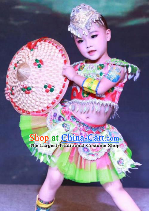Traditional Chinese She Nationality Child Short Dress Ethnic Minority Folk Dance Costume for Kids