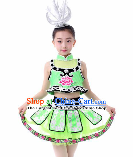 Traditional Chinese Child Miao Nationality Green Skirt Ethnic Minority Folk Dance Costume for Kids