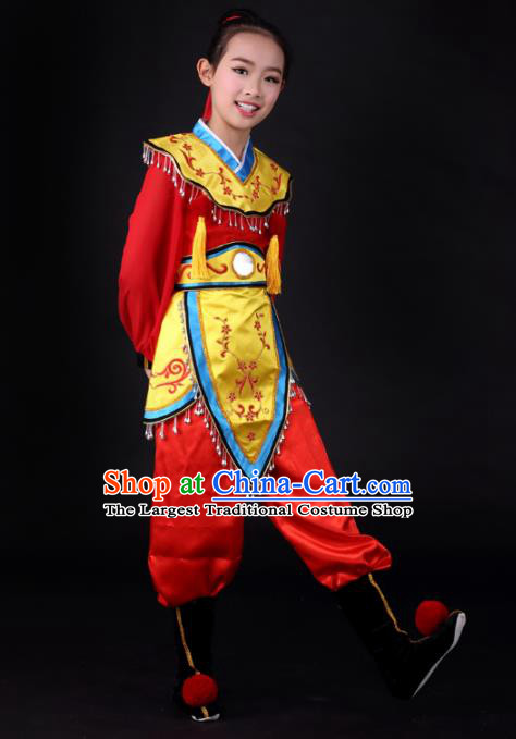 Traditional Chinese Children Classical Dance Hua Mulan Red Clothing Stage Show Costume for Kids
