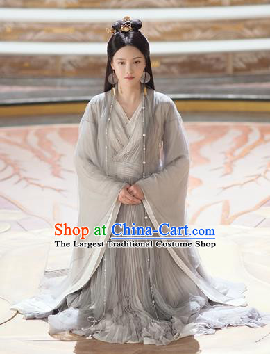 Chinese Ancient Swordswoman Grey Dress Drama Love and Destiny Princess Qing Yao Zhang Zhixi Costumes and Headpiece for Women