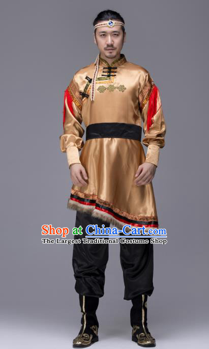 Traditional Chinese Mongol Nationality Khaki Clothing Ethnic Minority Folk Dance Costume for Men