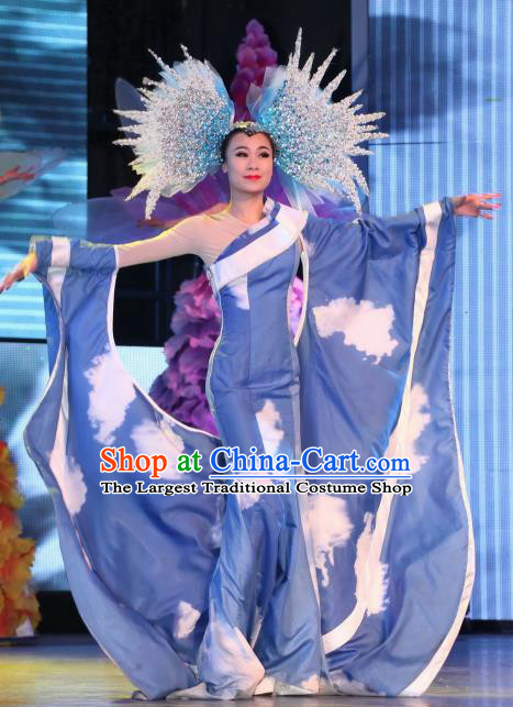 Chinese Night Of West Lake Modern Dance Blue Dress Stage Performance Costume and Headpiece for Women