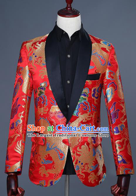Traditional Chinese Tang Suit Costumes Embroidered Dragon Red Overcoat for Men