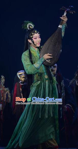 Chinese Zhaojun Chu Sai Ancient Princess Classical Dance Green Dress Stage Performance Costume and Headpiece for Women
