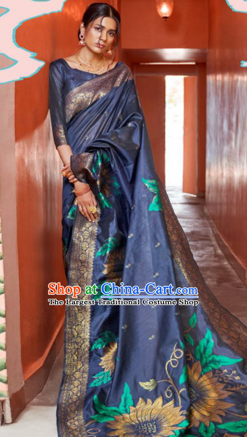 Asian Indian Bollywood Printing Sunflowers Navy Silk Dress India Traditional Sari Costumes for Women