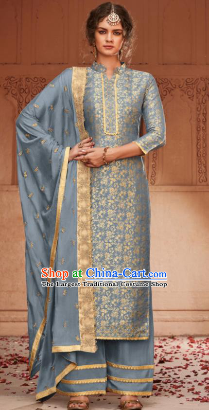 Asian Indian Punjabis Bride Light Blue Blouse and Pants India Traditional Lehenga Choli Costumes Complete Set for Women