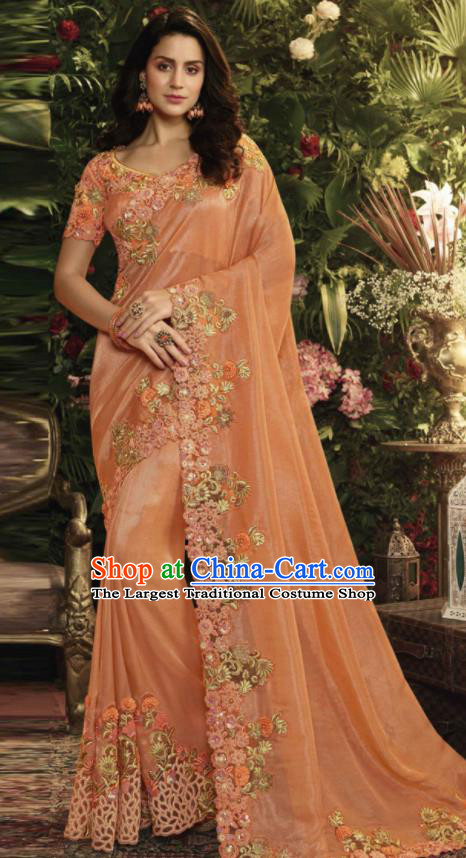 Asian Indian Court Princess Orange Embroidered Satin Sari Dress India Traditional Bollywood Costumes for Women