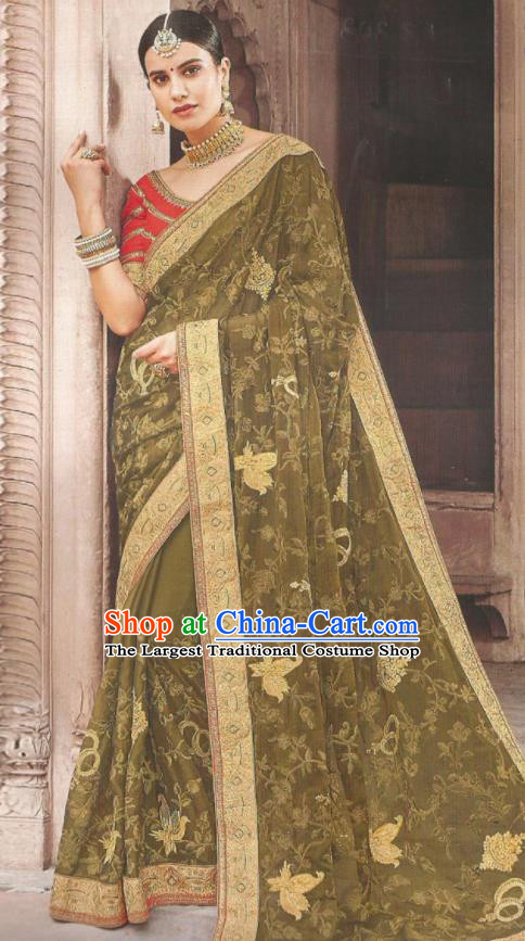 Asian Indian Court Olive Green Art Silk Embroidered Sari Dress India Traditional Bollywood Princess Costumes for Women