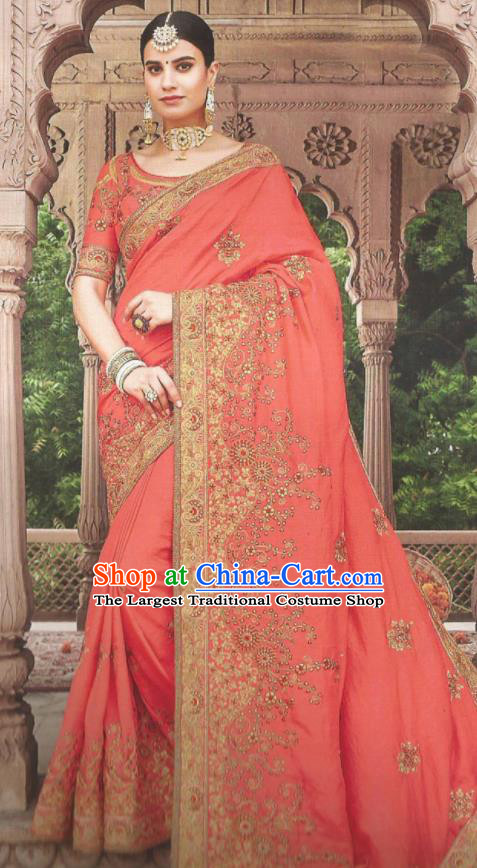 Asian Indian Court Watermelon Red Art Silk Embroidered Sari Dress India Traditional Bollywood Princess Costumes for Women