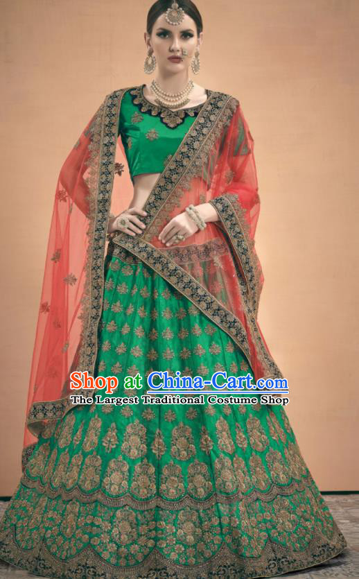 Asian Indian Bollywood Wedding Embroidered Green Silk Dress India Traditional Bride Lehenga Costumes for Women