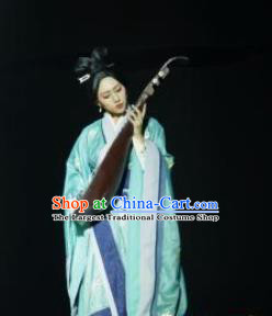 Chinese Zhaojun Chu Sai Ancient Court Lady Dance Green Dress Stage Performance Costume and Headpiece for Women