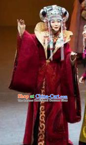 Chinese Zhaojun Chu Sai Ancient Court Queen Dark Red Dress Stage Performance Dance Costume and Headpiece for Women
