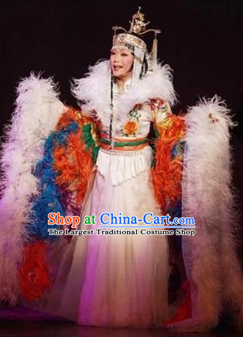 Chinese Zhaojun Chu Sai Ancient Court Queen Feather Dress Stage Performance Dance Costume and Headpiece for Women