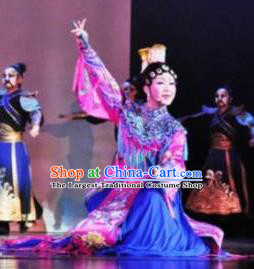 Chinese Zhaojun Chu Sai Ancient Court Princess Blue Dress Stage Performance Dance Costume and Headpiece for Women