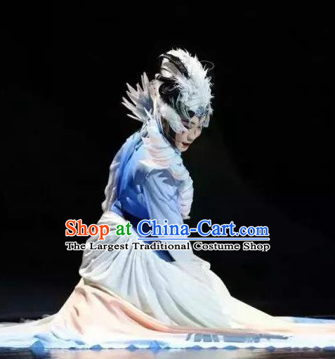 Chinese Zhaojun Chu Sai Ancient Classical Dance Blue Dress Stage Performance Dance Costume and Headpiece for Women