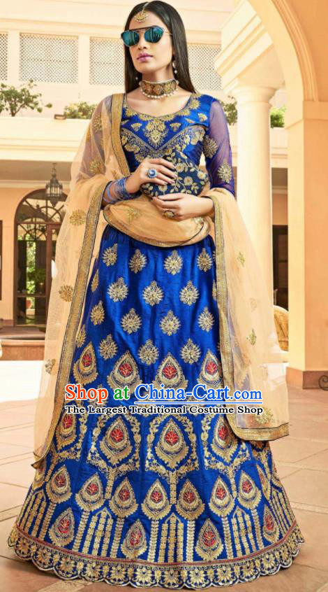 Asian Indian Bollywood Embroidered Royalblue Cotton Silk Dress India Traditional Festival Lehenga Court Costumes for Women