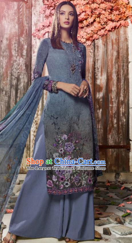 Asian Indian Traditional Printing Blue Crepe Blouse and Pants India Punjabis Lehenga Choli Costumes Complete Set for Women