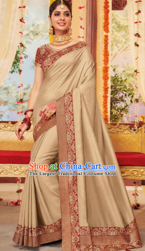 Asian Traditional Indian Festival Khaki Silk Sari Dress India National Lehenga Bollywood Costumes for Women