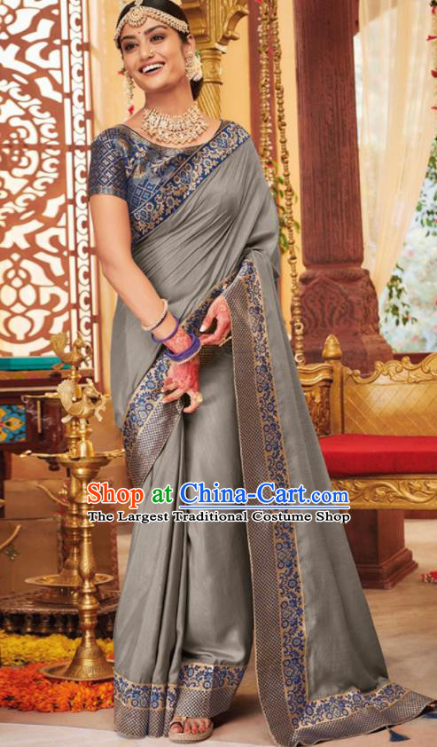 Asian Traditional Indian Festival Grey Silk Sari Dress India National Lehenga Bollywood Costumes for Women