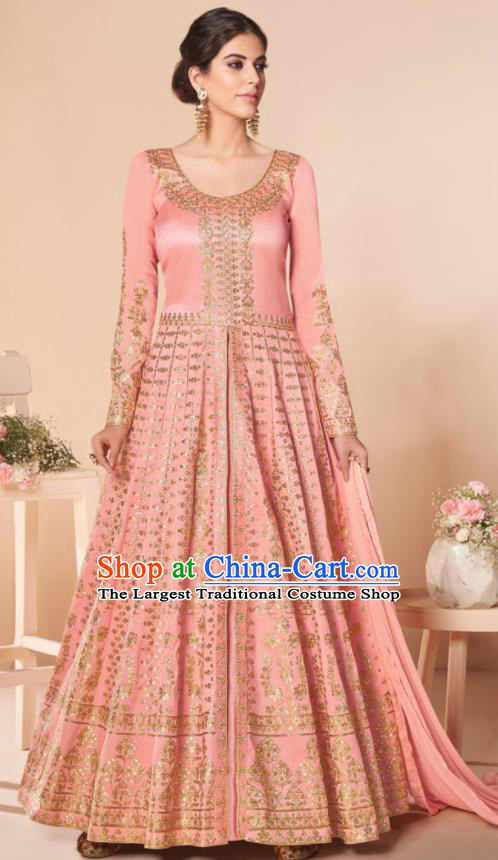 Asian Indian Lehenga Embroidered Pink Silk Blened Dress India Traditional Bollywood Court Costumes for Women