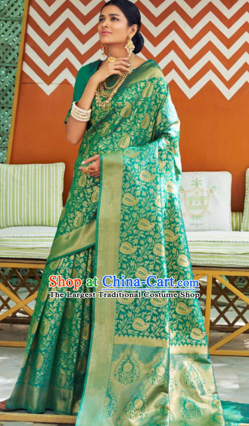 Asian Traditional Indian Court Queen Green Silk Sari Dress India National Festival Bollywood Costumes for Women