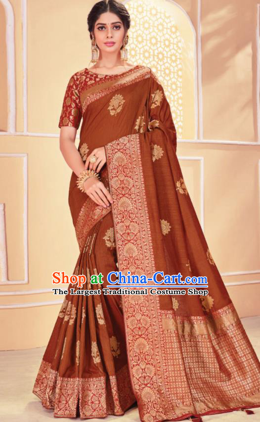 Asian Traditional Indian Brown Art Silk Sari Dress India National Festival Bollywood Costumes for Women