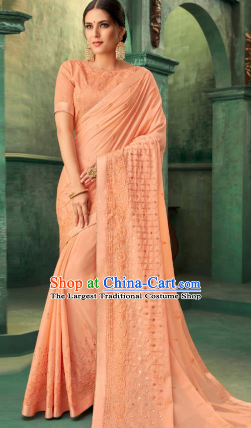 Indian Traditional Wedding Embroidered Orange Sari Dress Asian India National Festival Costumes for Women