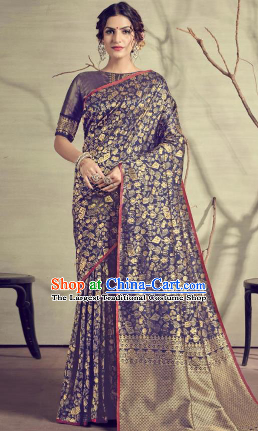 Traditional Indian Patrician Navy Silk Sari Dress Asian India National Festival Bollywood Costumes for Women