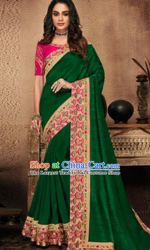 Indian Traditional Court Bollywood Green Satin Sari Dress Asian India National Festival Costumes for Women
