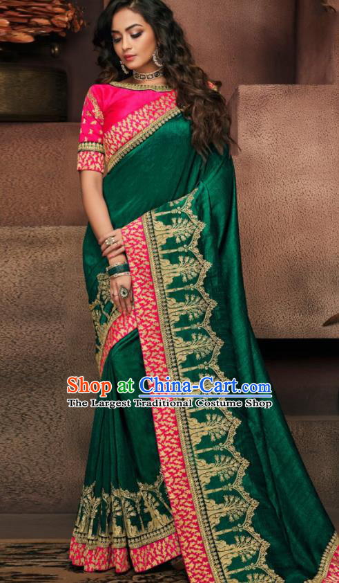 Indian Traditional Court Bollywood Deep Green Satin Sari Dress Asian India National Festival Costumes for Women