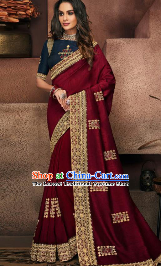 Indian Traditional Court Bollywood Wine Red Satin Sari Dress Asian India National Festival Costumes for Women