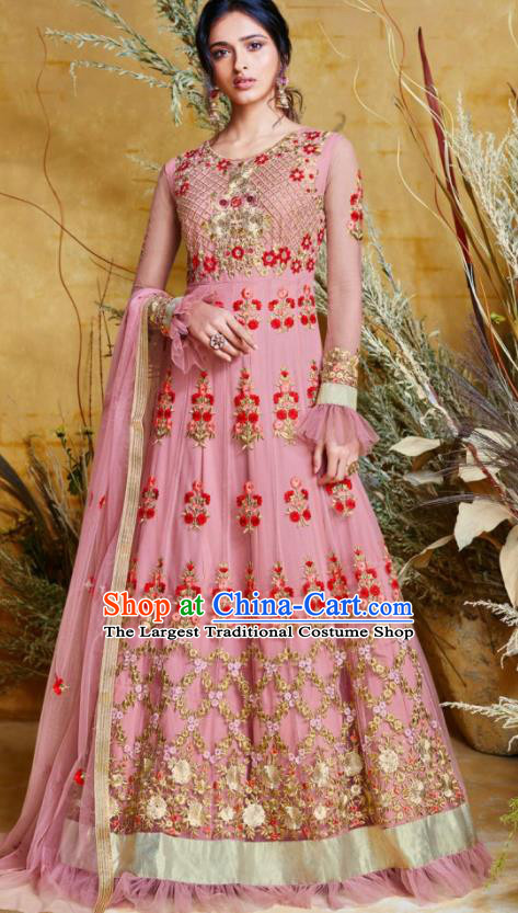 Indian Traditional Court Anarkali Kurta Pink Dress Asian India National Festival Costumes for Women