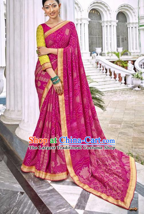 Indian Traditional Court Printing Rosy Georgette Sari Dress Asian India National Festival Costumes for Women