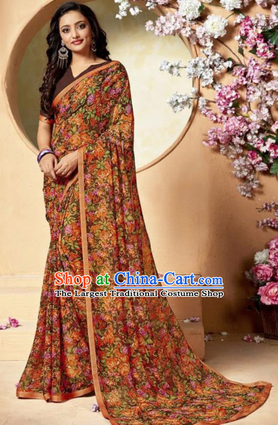 Indian Traditional Court Printing Chiffon Sari Dress Asian India National Festival Costumes for Women