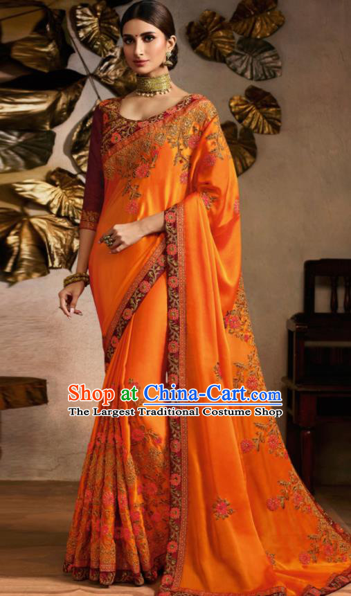 Traditional Indian Saree Bollywood Orange Satin Sari Dress Asian India National Festival Costumes for Women