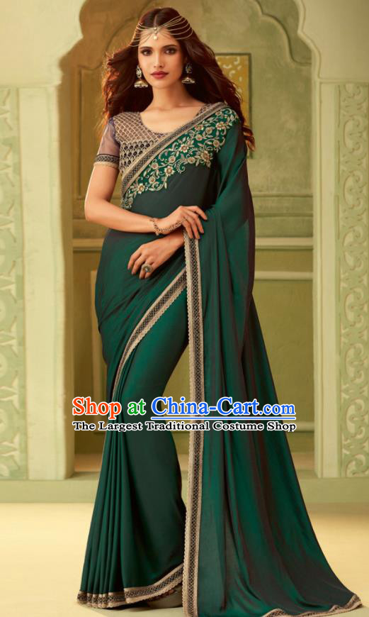 Indian Traditional Sari Bollywood Green Silk Dress Asian India National Festival Costumes for Women