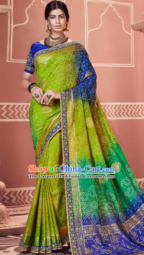 Indian Traditional Sari Bollywood Printing Green Dress Asian India National Festival Costumes for Women
