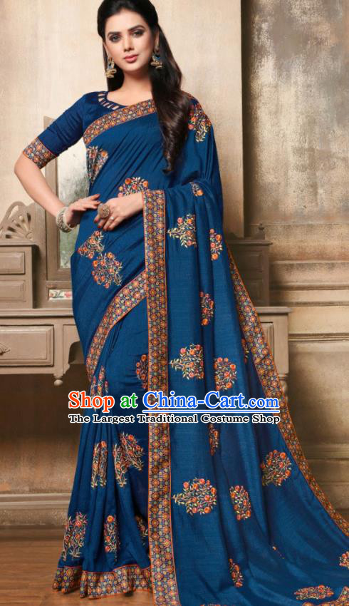 Indian Traditional Bollywood Embroidered Navy Silk Sari Dress Asian India National Festival Costumes for Women