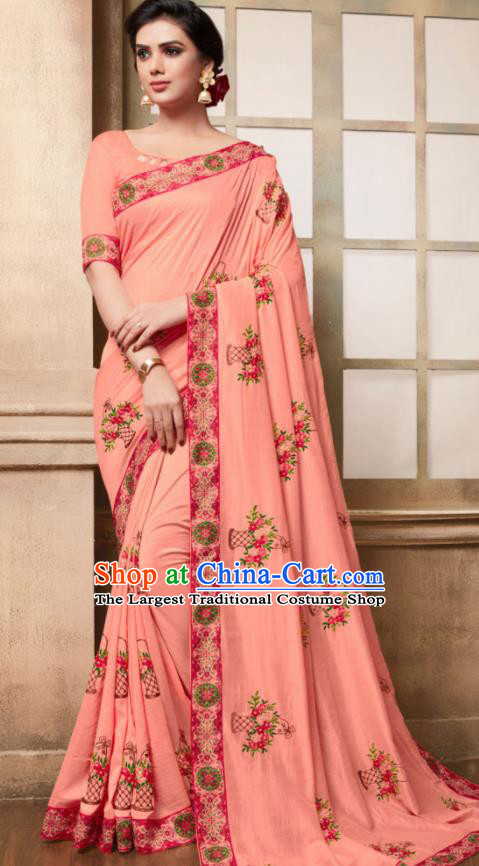 Indian Traditional Bollywood Embroidered Pink Silk Sari Dress Asian India National Festival Costumes for Women