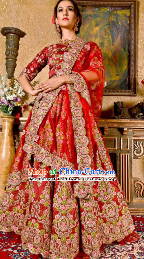 Indian Traditional Bollywood Wedding Embroidered Lehenga Purplish Red Dress Asian India National Festival Costumes for Women